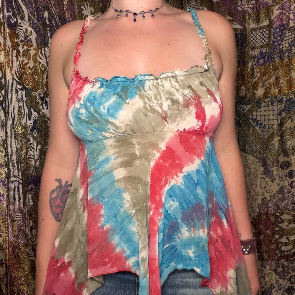 Y2K Fairycore Asymmetric Handkerchief Hem Tie Dye Whimsy Babydoll Top Size M